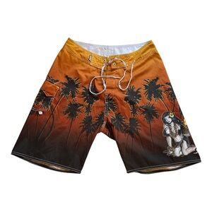 Rare Vintage Lost Enterprises Board Shorts Tropical Scene w/Anime Girl Size 32